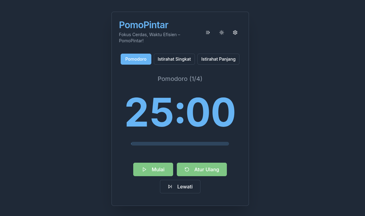 Screenshot aplikasi PomoPintar dengan tampilan gelap dan tombol pengatur waktu